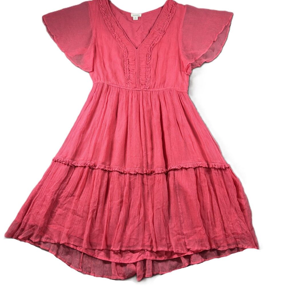 Sundance Monaco Meetup Midi Dress Tiered Flutter Sleeve V-Neck Coral Medium L281